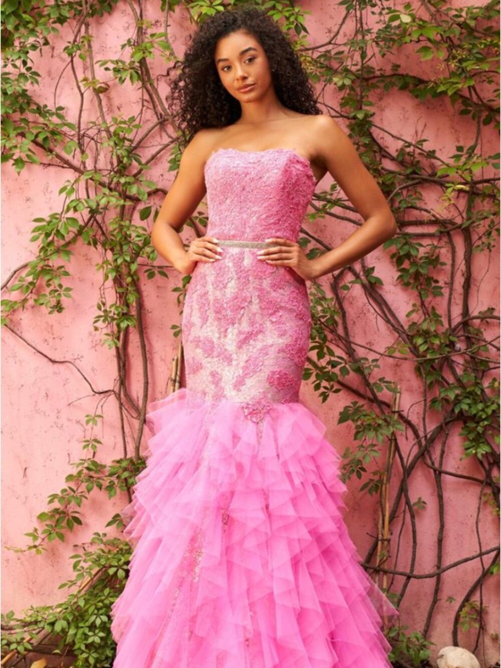 Sherri Hill Pink Strapless Ruffled Mermaid Prom Dress